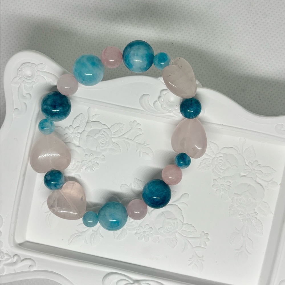 Ocean Blue Jade and Rose Quartz Calming Love Bracelet - Picture 3 of 4